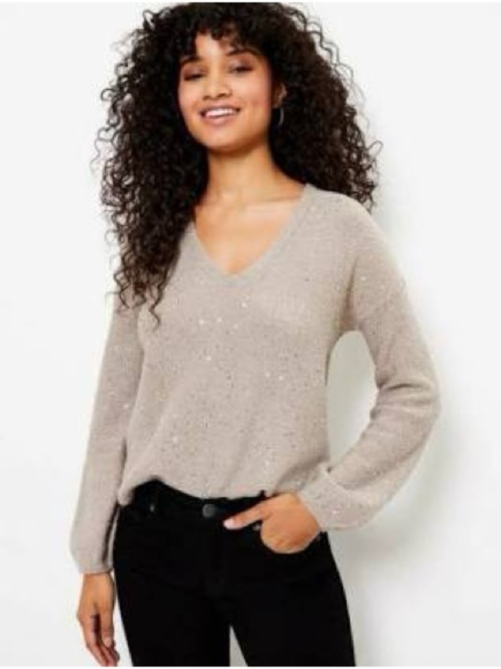 LOFT Sequin Double V-Neck Sweater Taupe Sand Medium
